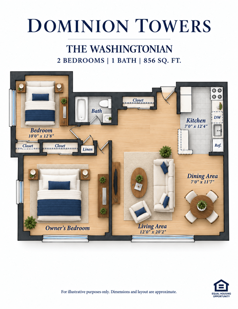 Floor plan for 2 beds, 1 bath, 856 sqft